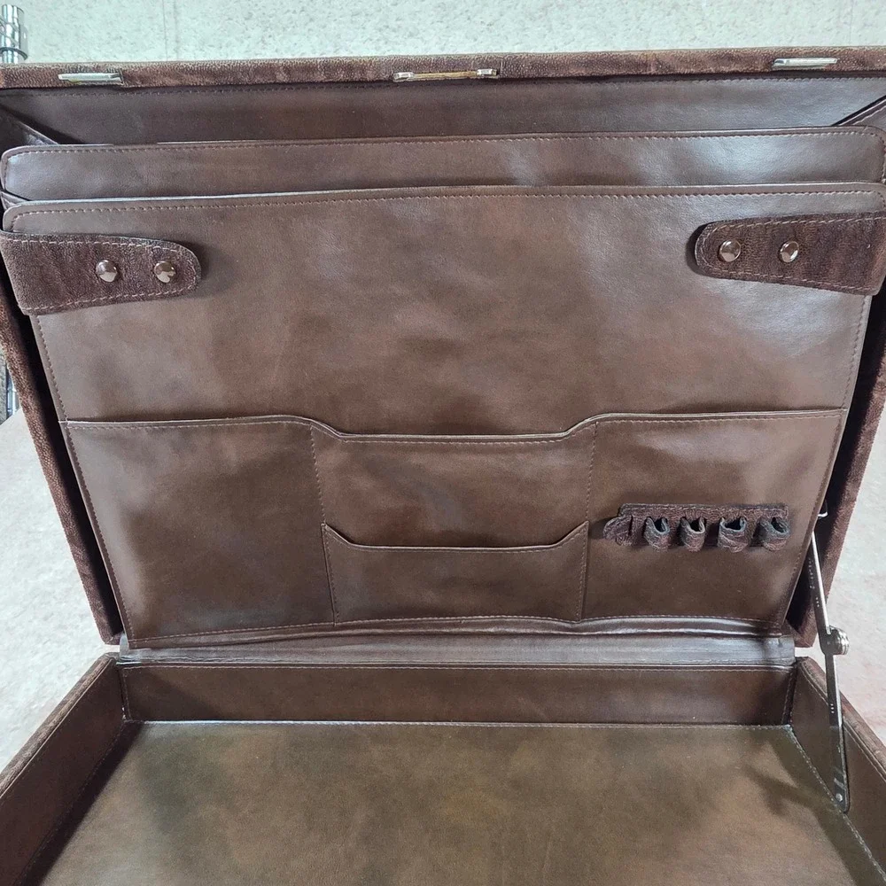 Vintage Elephant Embossed Leather Attache Briefcase Combination Lock Brown Case